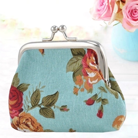Bee Happy Market Boutique Accessories - Purse Coin Bag French Kiss Clasp Storage Change Victorian Rose Floral Blue